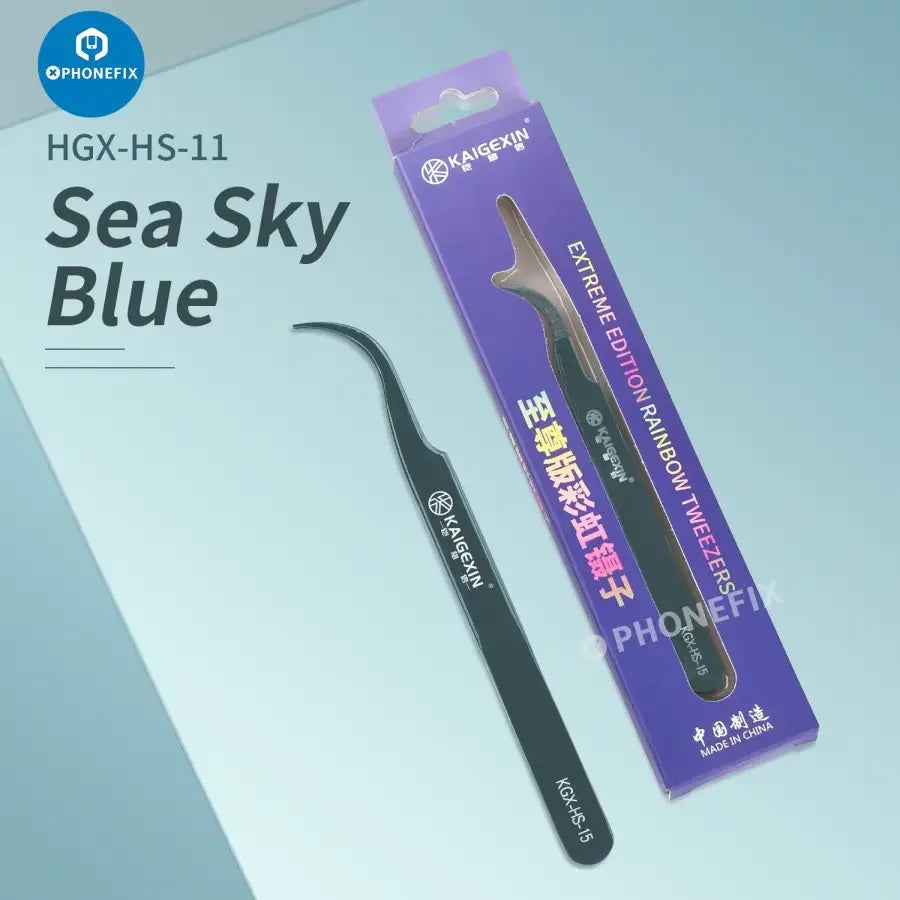 PhoneFix KAIGEXIN Series tweezers for mobile phone mainboard removal, curved clamp tool for precise component handling.