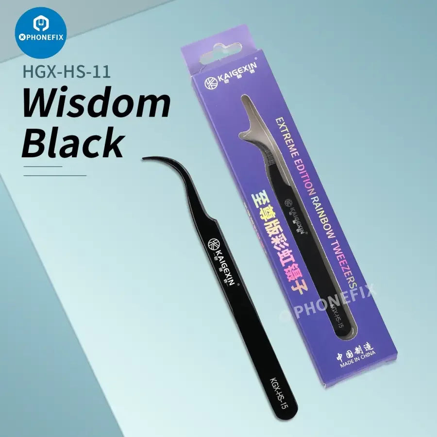 PhoneFix KAIGEXIN Series tweezers for mobile phone mainboard removal, curved clamping tool for precise electronic repairs.