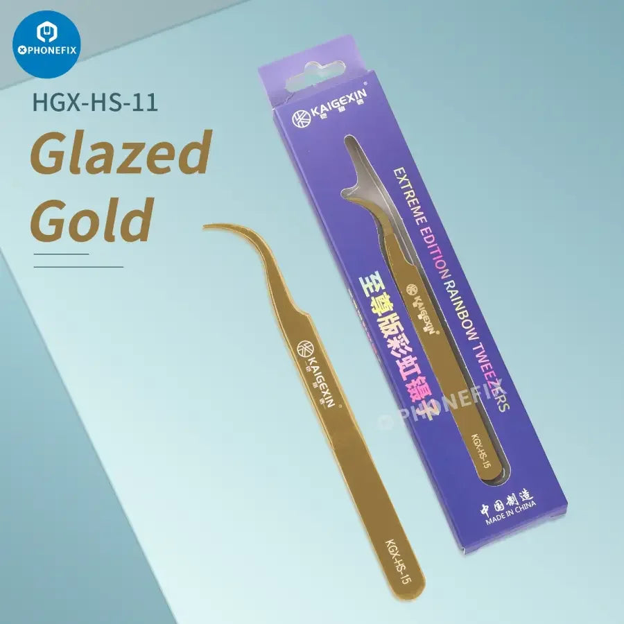 KAIGEXIN Series tweezers from PHONEFIX, curved removal tool for mobile phone mainboard clamping and electronic repairs.