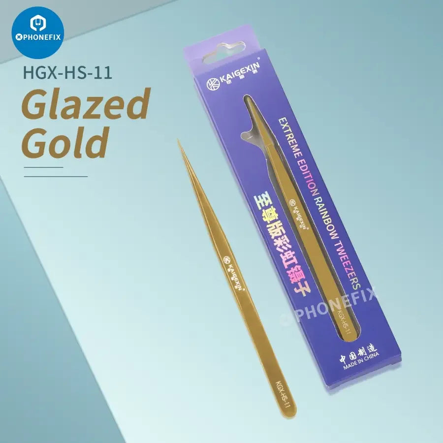 KAIGEXIN Series tweezers by PHONEFIX for mobile phone mainboard removal, curved design for precise clamping and handling.