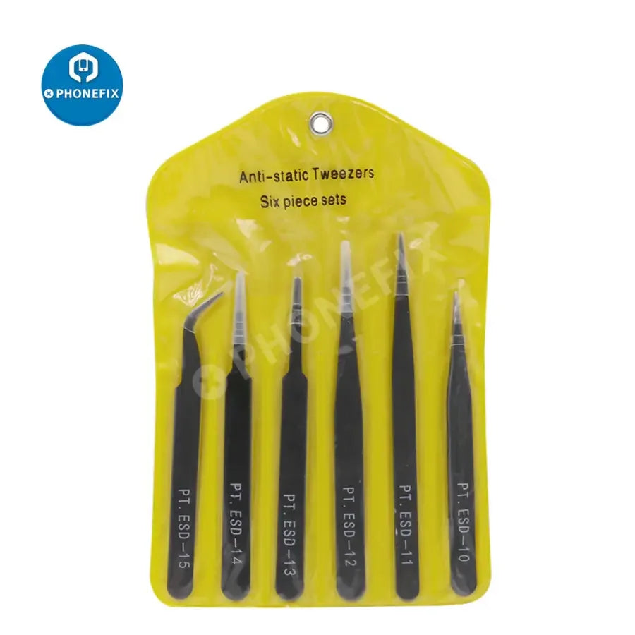 Anti-static stainless steel curved and straight tweezers for phone repair, designed by PHONEFIX for precise component removal.