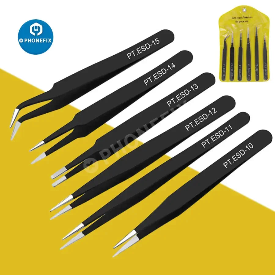 PHONEFIX anti-static stainless steel curved and straight tweezers for phone repair, designed for precise component removal and handling.