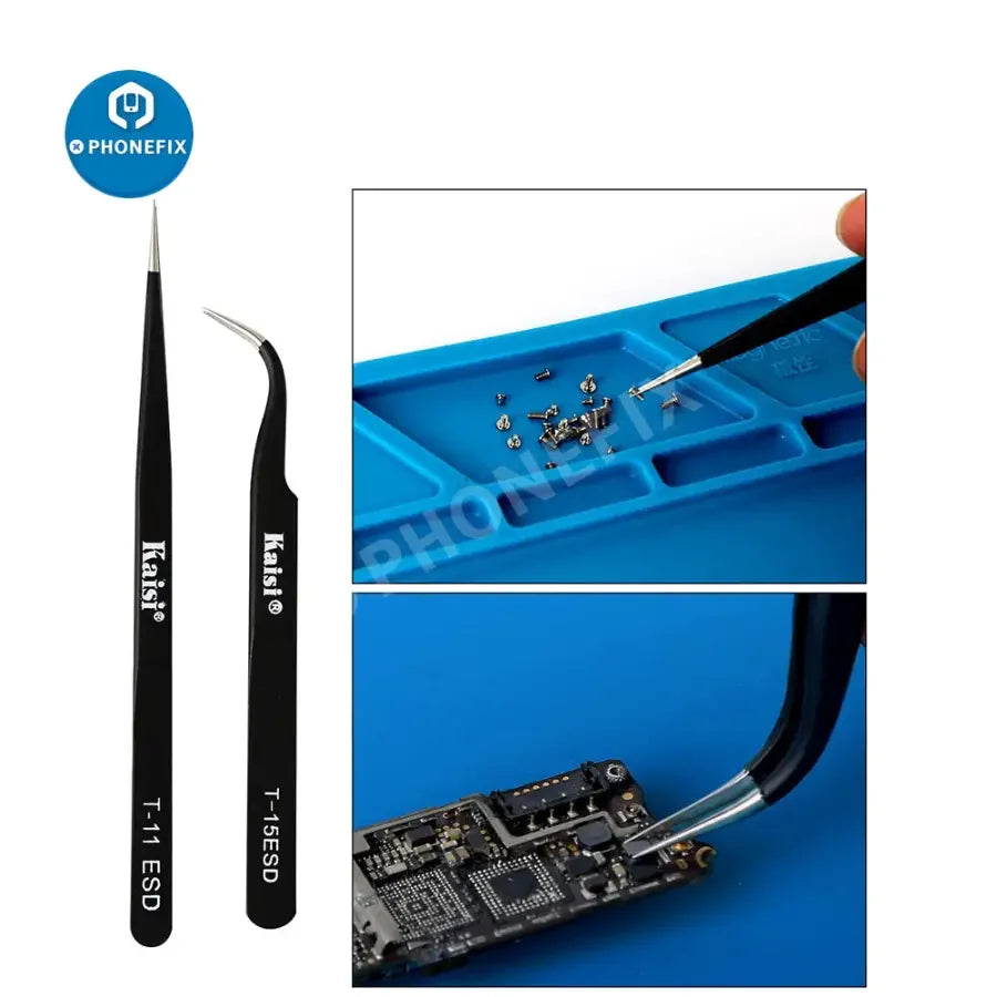 PhoneFix double-sided soldering assist aid repair tool with 2 precision tweezers for electronics repair and soldering tasks.