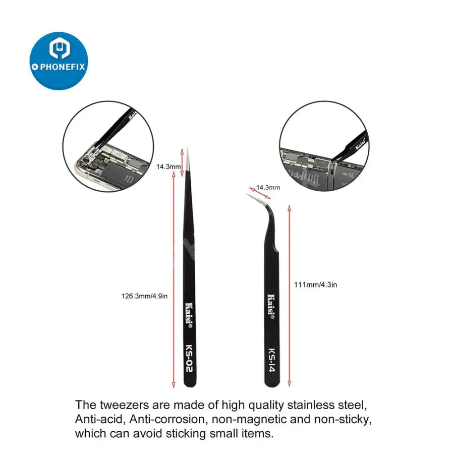 PhoneFix double-sided soldering assist aid repair tool with 2 precision tweezers, ideal for electronic repairs and component handling.