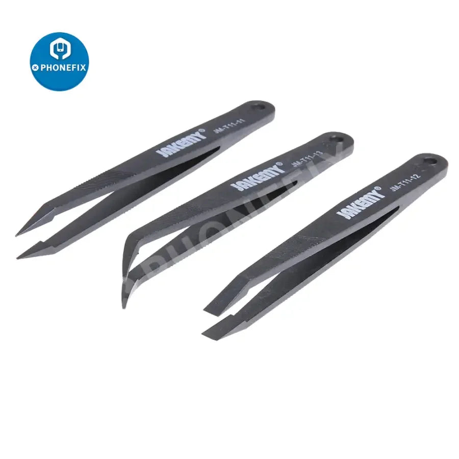 PHONEFIX JM-T11 3-in-1 anti-static tweezers set for phone and tablet repair, featuring precision removal tools for electronics.