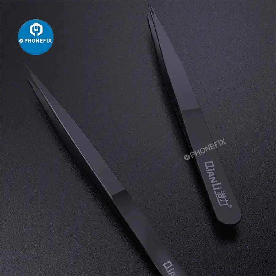 Qianli Ineezy non-magnetic stainless steel tweezers for jump wires, PHONEFIX removal tool for electronics repair, close-up image