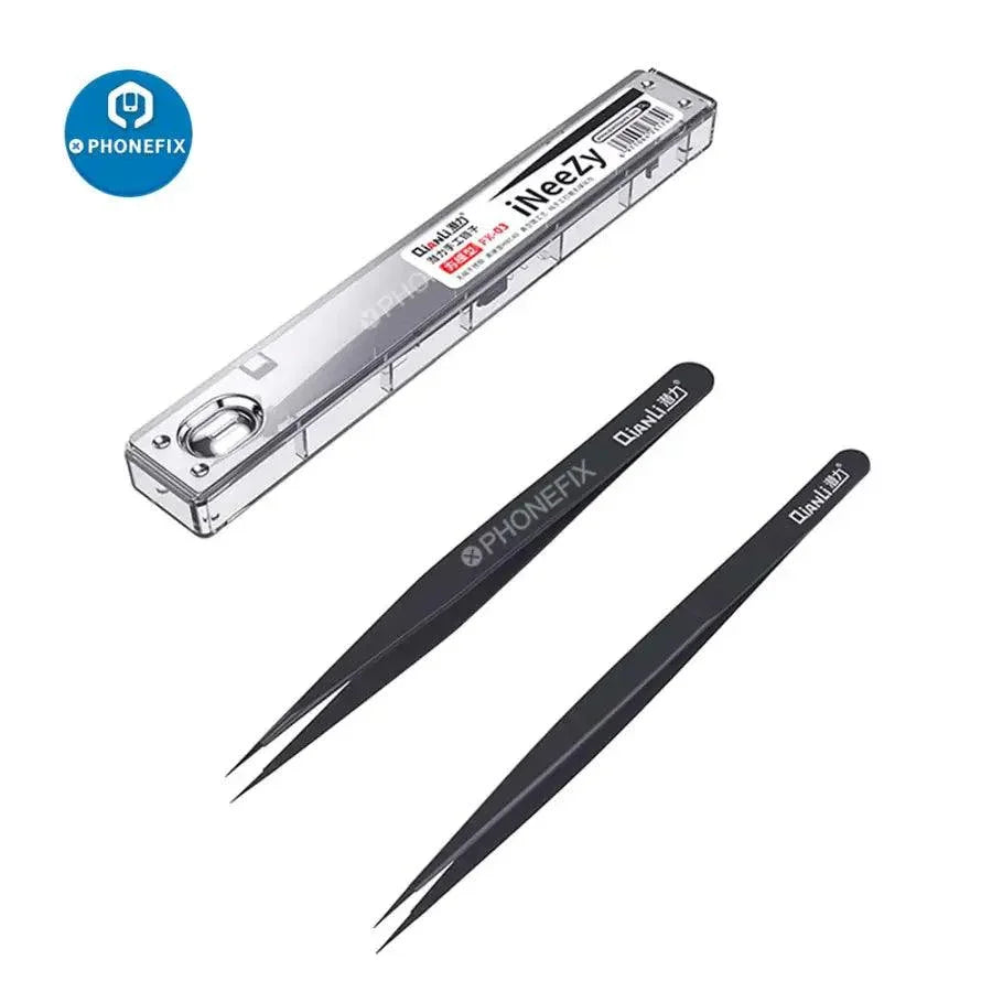 Qianli Ineezy non-magnetic stainless steel tweezers for jump wire, PHONEFIX brand, precision tool for electronics repair.