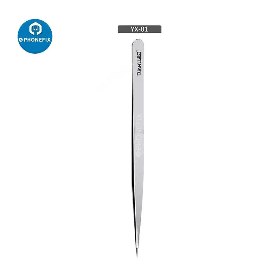 Qianli Ineezy non-magnetic stainless steel tweezers for jump wire removal, PHONEFIX brand, precision tool for electronics repair.