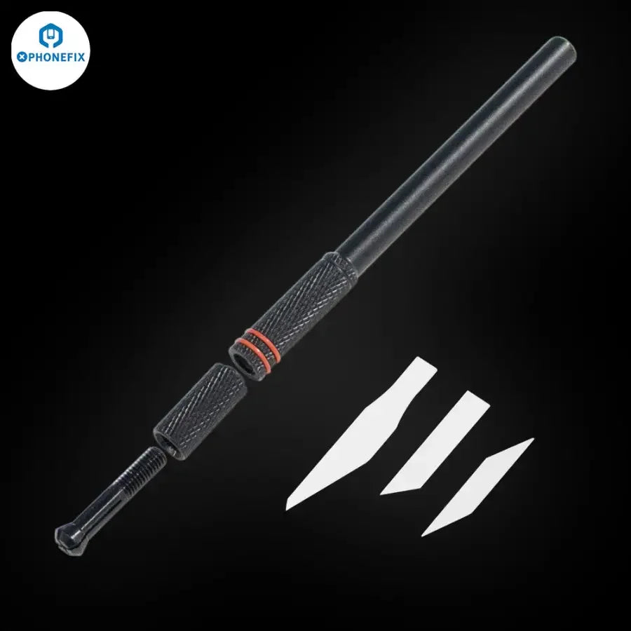 PhoneFix ceramic scraper blade for CPU BGA IC glue removal, precision tool for electronics repair with tweezers design.
