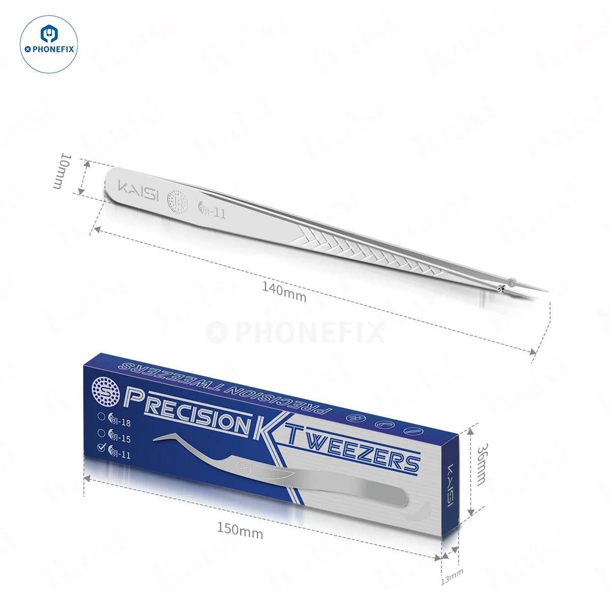 PHONEFIX KAISI Ling stainless steel tweezers for mobile phone repair, precision removal tool with fine tips for electronics.