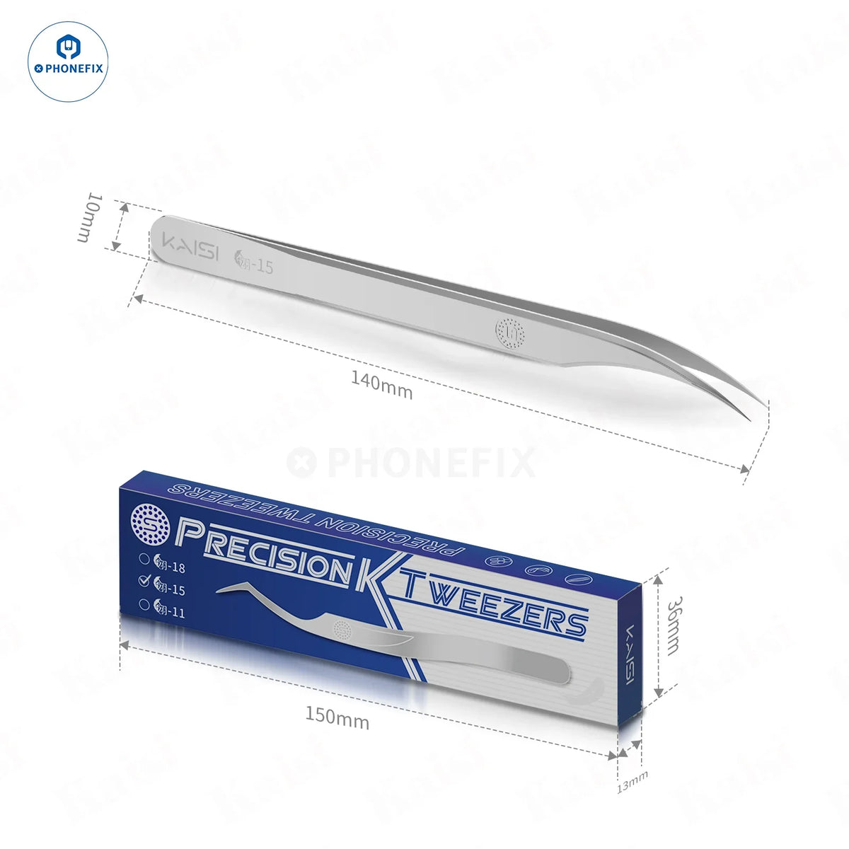 PHONEFIX KAISI Ling 11/15/18 stainless steel tweezers for mobile phone repair, precision removal tool with fine tips.