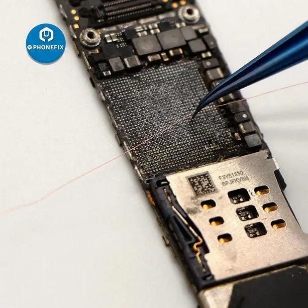 Titanium alloy precision tweezers from PHONEFIX designed for iPhone fingerprint jump wire repair, with fine tips for detailed work.