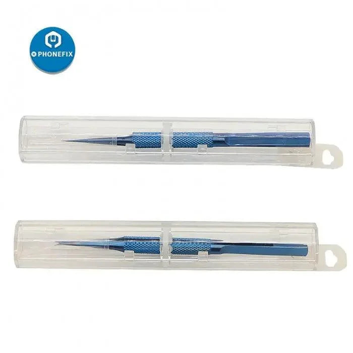 Titanium alloy precision tweezers for iPhone fingerprint repair, featuring fine tips for delicate electronic repairs by PHONEFIX.