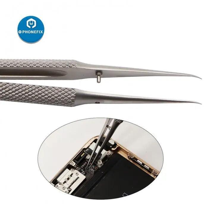 Titanium alloy precision tweezers for iPhone fingerprint repair, PHONEFIX brand, used for electronics and jump wire fixing.