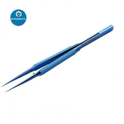 Titanium alloy precision tweezers for iPhone fingerprint repair, used for removing jump wires and delicate phone component handling.