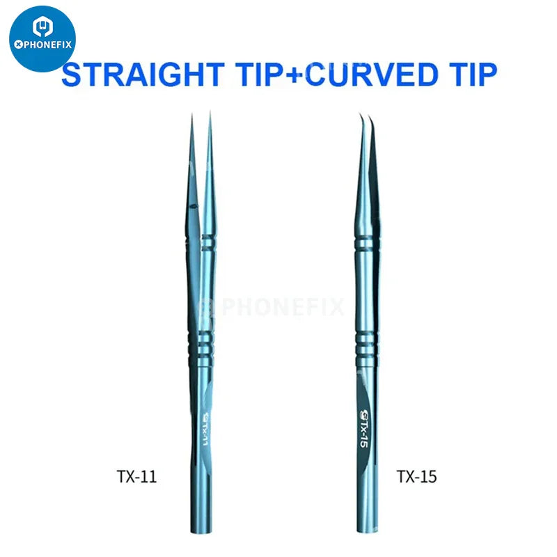 Titanium alloy precision tweezers by PHONEFIX for iPhone fingerprint jump wire repair, featuring fine tips for delicate electronics work.