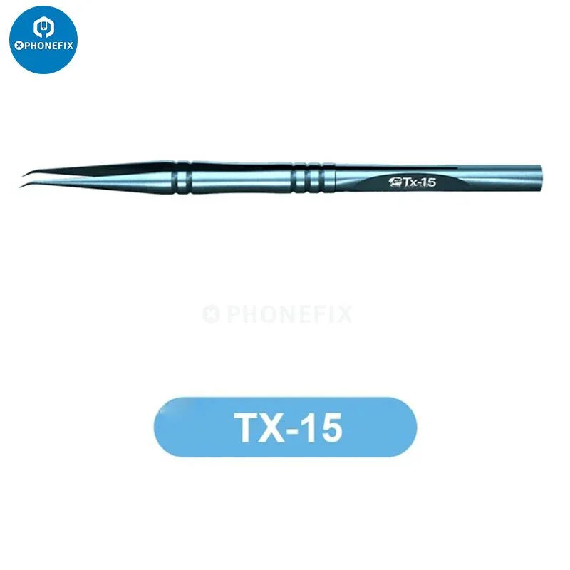 PhoneFix titanium alloy precision tweezers for iPhone fingerprint jump wire repair, removing small components with accuracy.