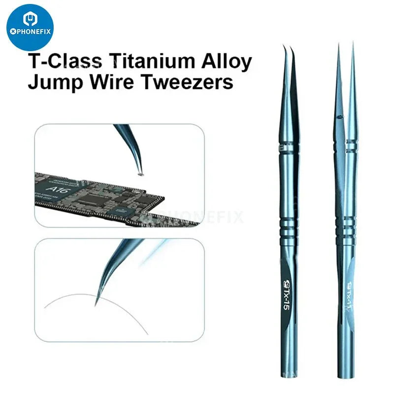 PHONEFIX titanium alloy precision tweezers for iPhone fingerprint jump wire repair, featuring fine tips for delicate electronic work