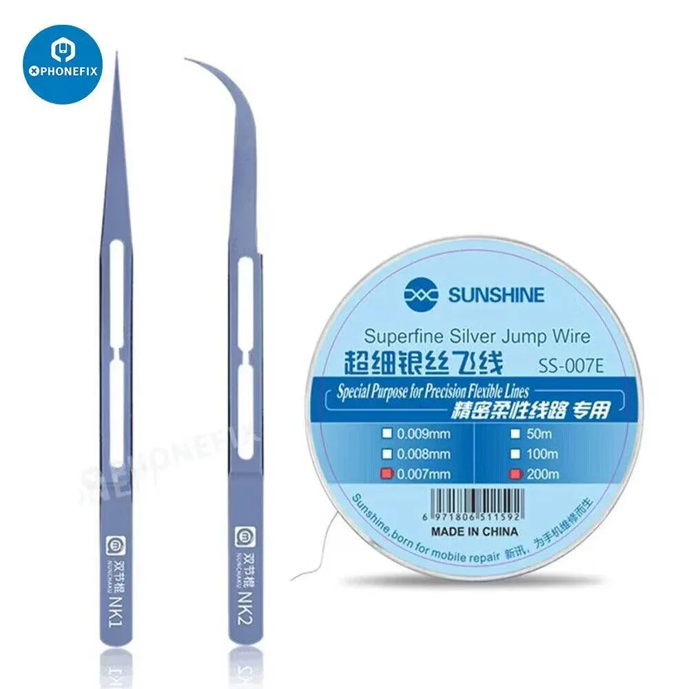 AMAOE precision antimagnetic alloy tweezers with curved and straight heads, ideal for phone repair and detailed electronics work.