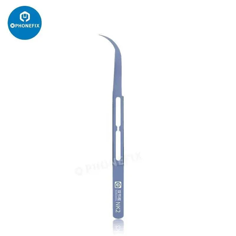 AMAOE precision antimagnetic alloy tweezers with curved and straight heads, ideal for phone repair and electronics work.