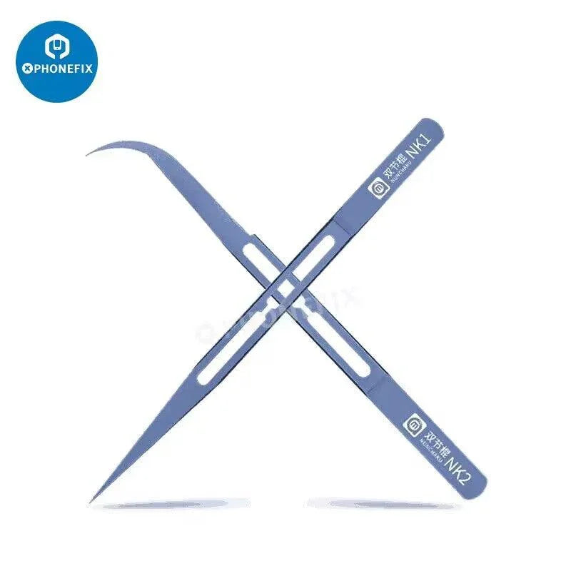 Phonefix AMAOE precision antimagnetic alloy tweezers with curved and straight heads, ideal for delicate electronic removal tasks.