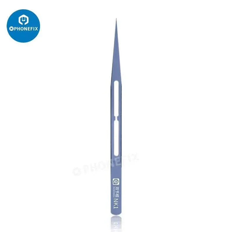 Phonefix AMAOE precision antimagnetic alloy tweezers with curved and straight heads, ideal for delicate electronic work.