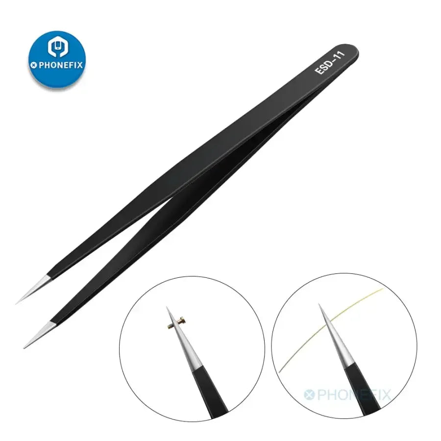 Anti-static stainless steel tweezers and phone forceps for IC removal, ideal for delicate electronics repair by PHONEFIX.