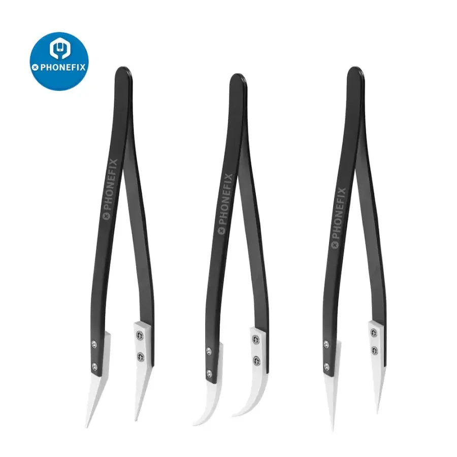 Anti-static stainless steel ceramic tweezers with straight and curved knife tips, ideal for electronic repair and precision tasks.