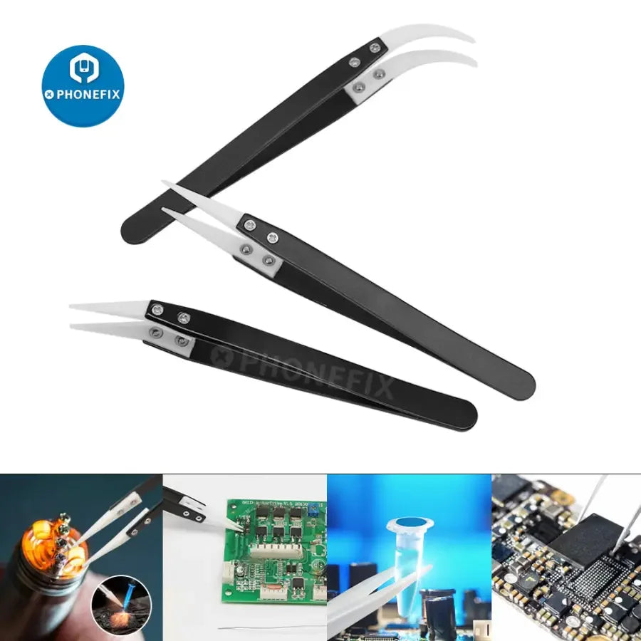 PhoneFix anti-static stainless steel ceramic tweezers with straight and curved knife tips for precise removal tasks.