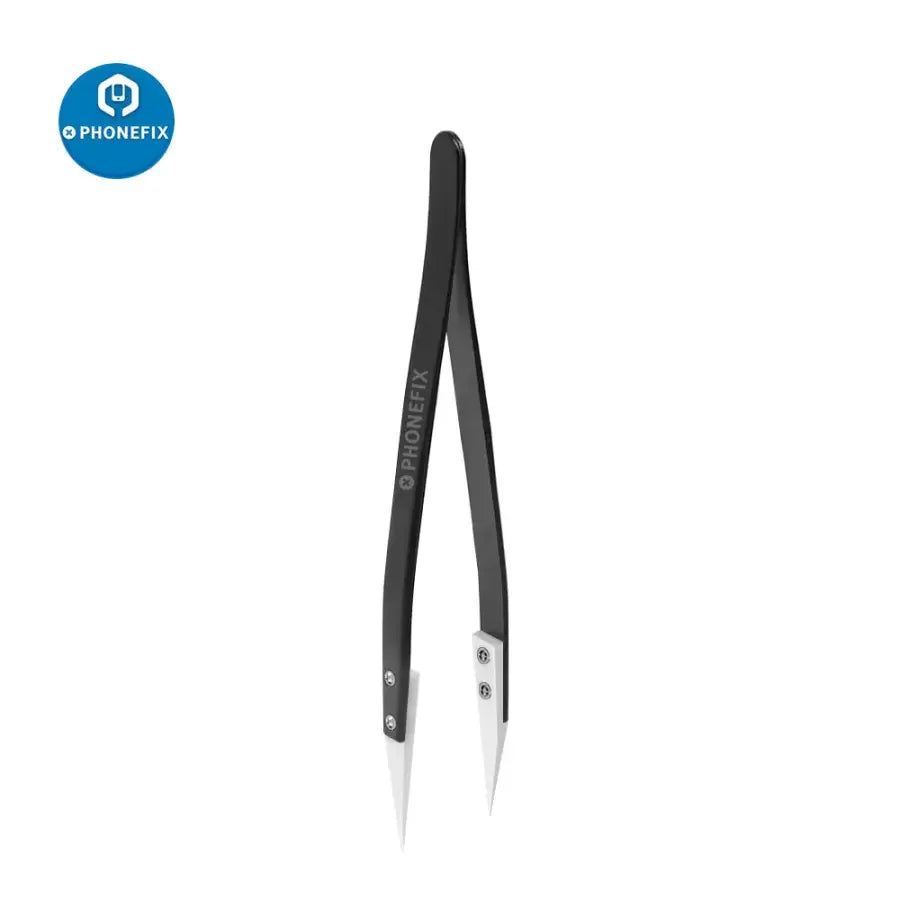 PhoneFix anti-static stainless steel ceramic tweezers with straight and curved knife tips for precision electronic component removal.