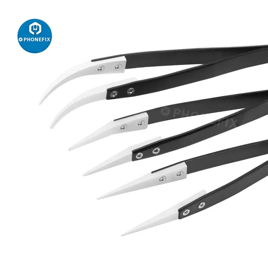 PhoneFix anti-static stainless steel ceramic tweezers with straight and curved knife tips, precision removal tool for delicate tasks.