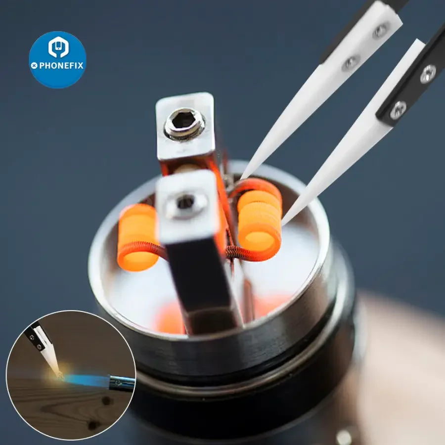 PhoneFix anti-static stainless steel ceramic tweezers with straight and curved knife tips, precision removal tool for electronics repair.