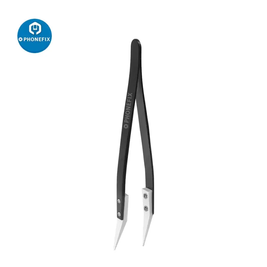 PhoneFix anti-static stainless steel ceramic tweezers with straight and curved knife tips, ideal for precision electronic repairs.