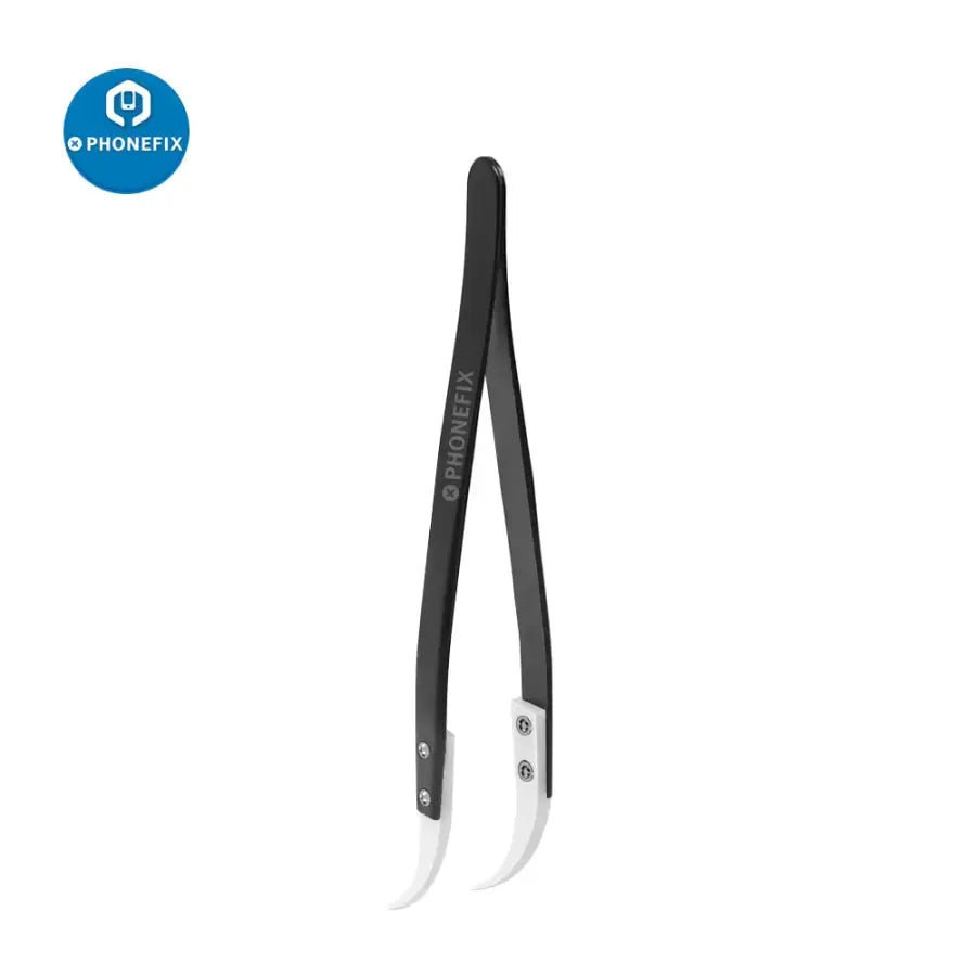 PhoneFix anti-static stainless steel ceramic tweezers with straight and curved knife tips for precise electronic component handling.