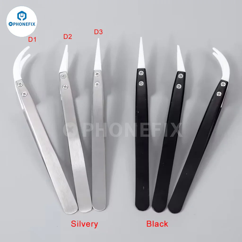 PhoneFix anti-static stainless steel ceramic tweezers with straight and curved knife tips for precise electronic component removal.