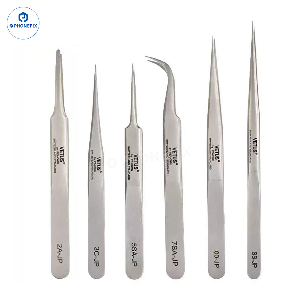 Super hard VETUS tweezers by PHONEFIX, high-precision sharp-pointed tweezers for detailed removal tasks, shown in close-up.