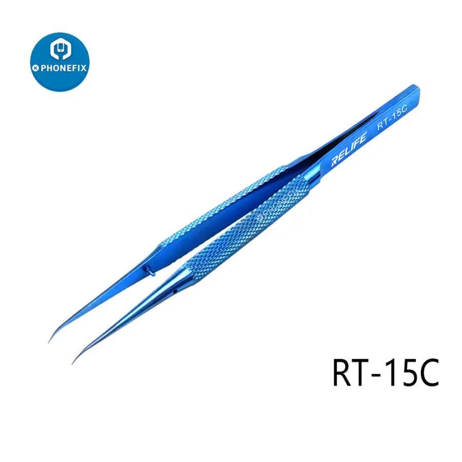RELIFE RT 11C 15C titanium alloy PCB IC jump wire tweezers, PHONEFIX brand, precision tool for electronic component removal.