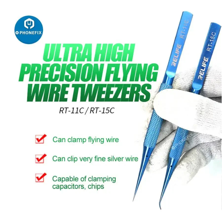RELIFE RT 11C 15C titanium alloy tweezers from PHONEFIX used for removing PCB ICs and jump wires in electronics repair.