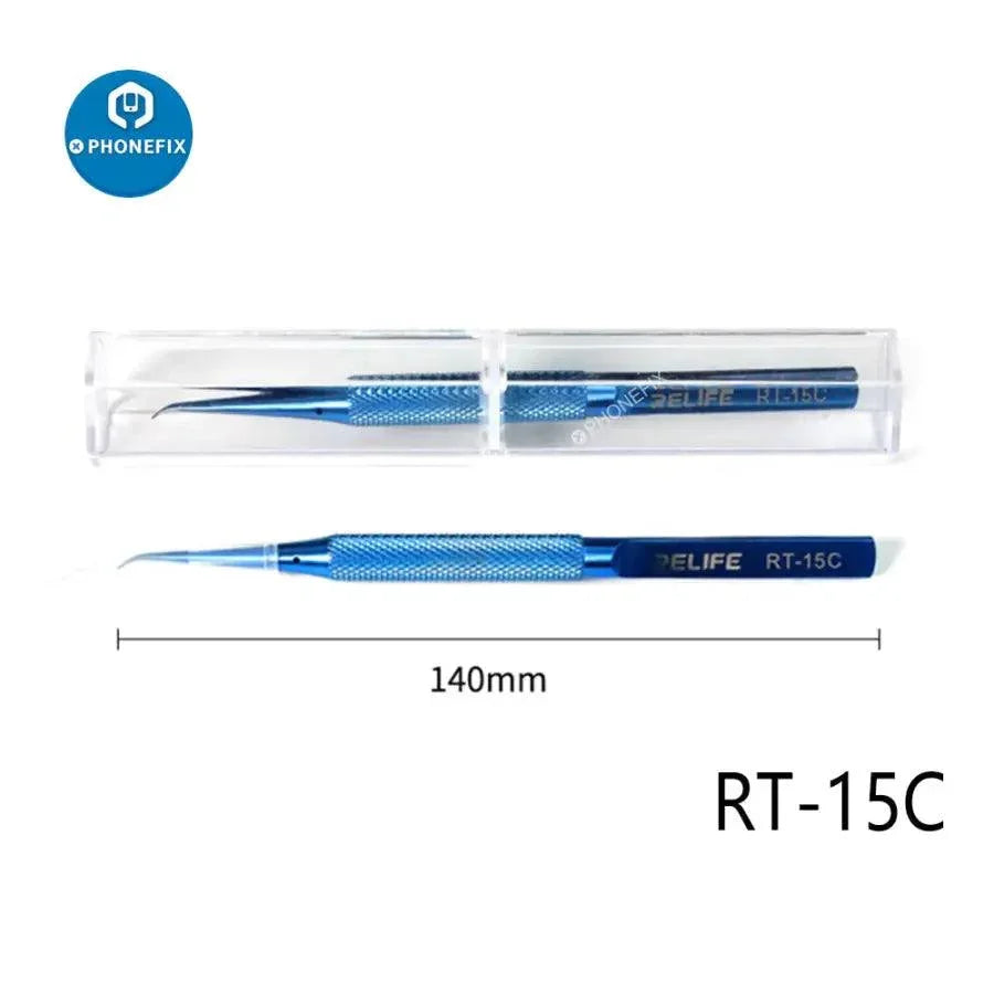 Relife RT 11C 15C titanium alloy tweezers for PCB and IC jump wire removal, designed for precise electronic component handling.