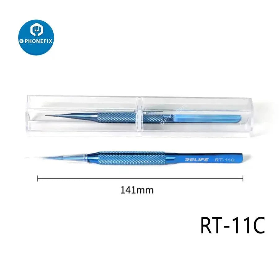 RELIFE RT 11C 15C titanium alloy tweezers for PCB and IC jump wire removal, designed for precision electronic repairs.