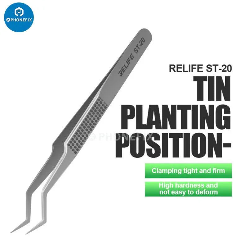 RELIFE RT 11C 15C titanium alloy tweezers for PCB and IC removal, by PHONEFIX, with precision tips for electronics repair.