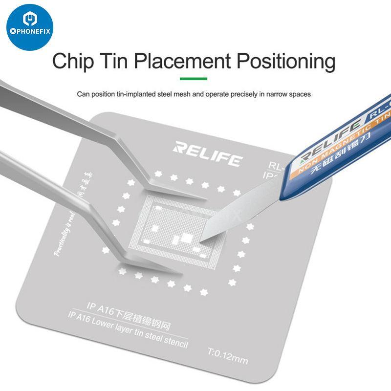 RELIFE RT 11C 15C titanium alloy tweezers for PCB and IC jump wire removal, used as a precision electronics repair tool.