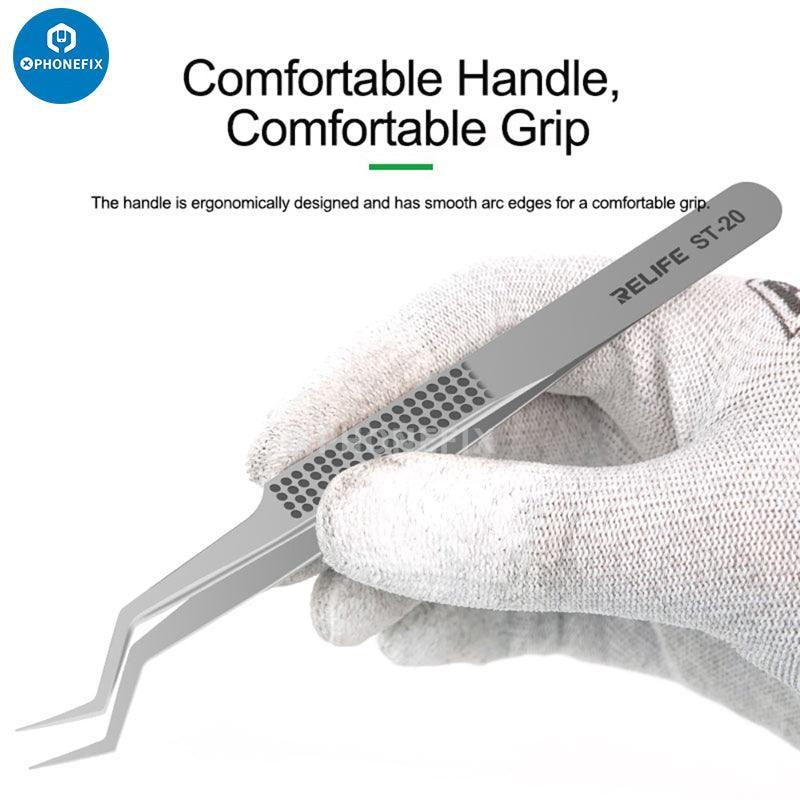 RELIFE RT 11C 15C titanium alloy tweezers for PCB and IC removal, professional-grade phone repair tool.