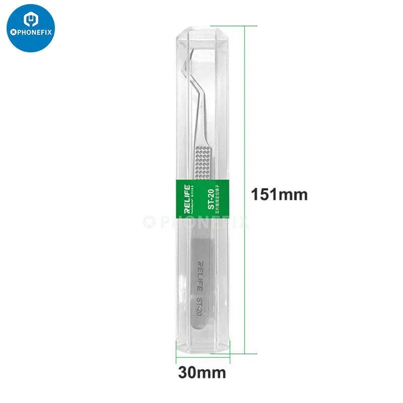 RELIFE RT 11C 15C titanium alloy tweezers for PCB and IC jump wire removal, designed for precise electronic repairs.