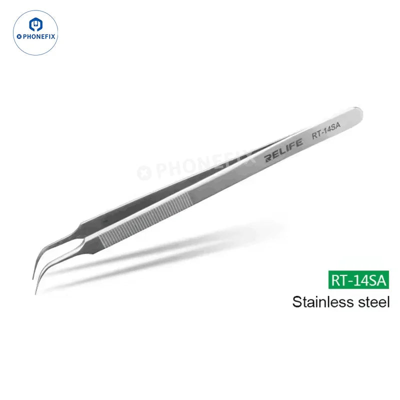 RELIFE RT 11C 15C titanium alloy tweezers for PCB and IC jump wire removal, shown with precise, metal-tipped design.