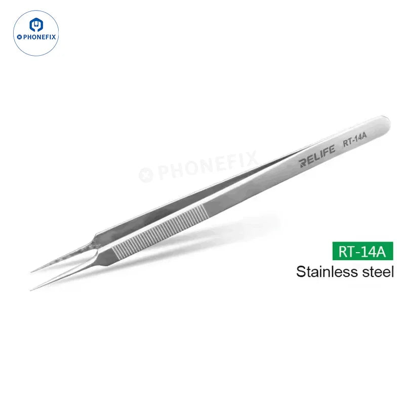 Relife RT 11C 15C titanium alloy PCB IC jump wire tweezers, precision tool for electronic component removal and handling.