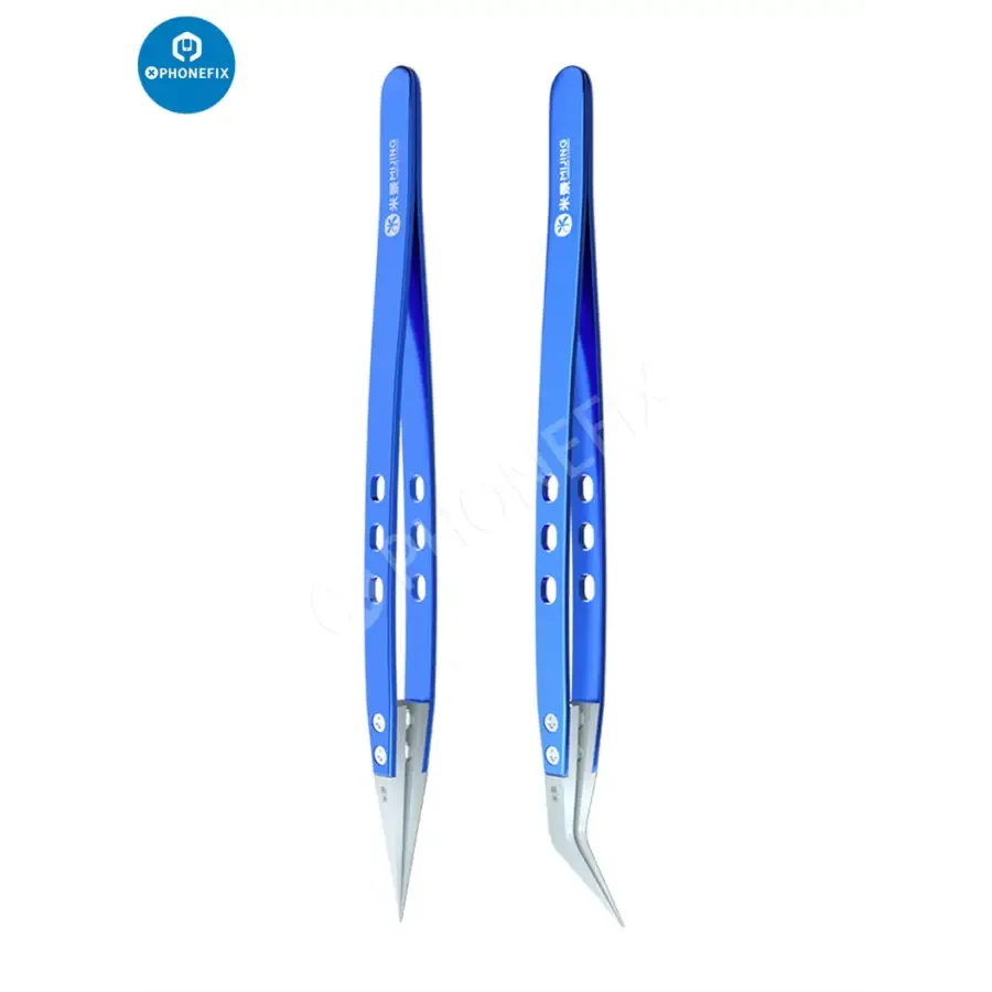 Mijing ceramic tweezers with stainless steel handle, straight and curved tips, ideal for precise electronic removal tasks