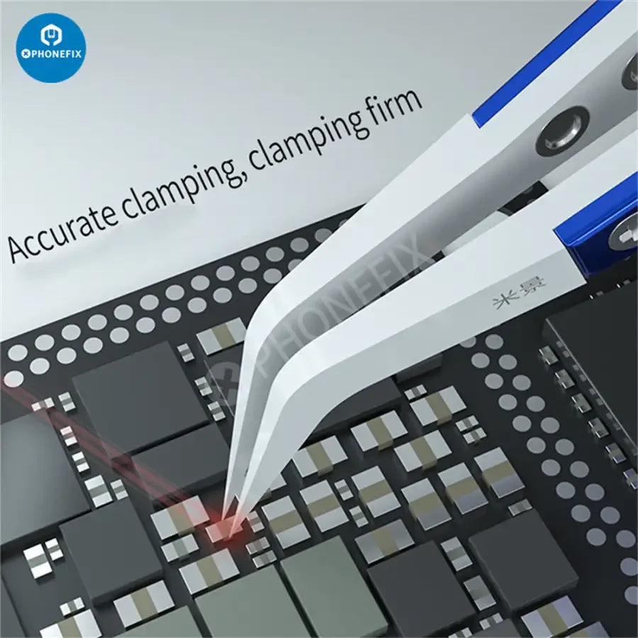 Mijing ceramic tweezers with stainless steel handle, straight and curved tips, designed for precise removal tasks.