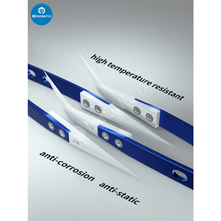 PHONEFIX Mijing ceramic tweezers with stainless steel handle, straight and curved tips for precise removal tasks.