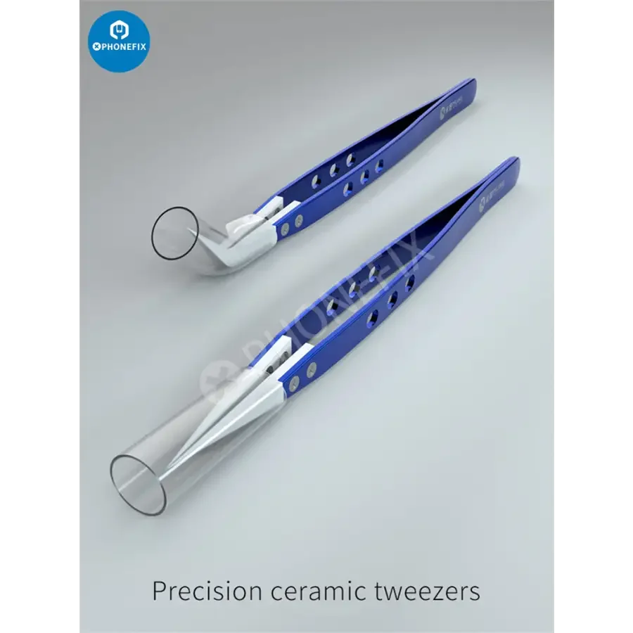 Mijing ceramic tweezers with stainless steel handle, straight and curved tips, designed for precise removal tasks.